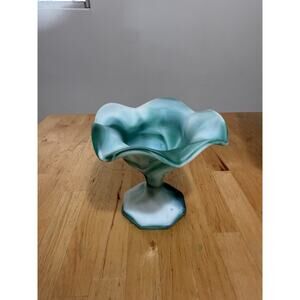 Fenton? Teal Satin Glass Ruffled Edge Vintage Footed 5" Bowl
